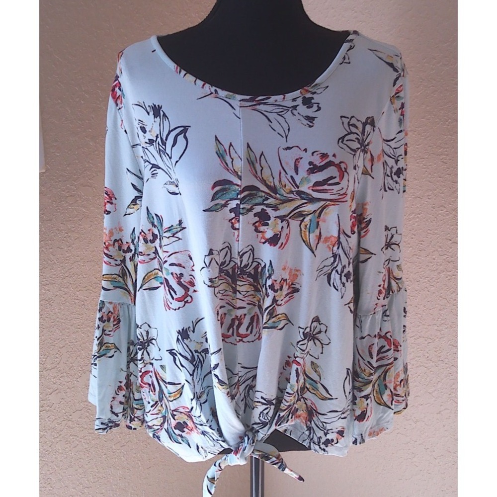 NEW DIRECTIONS WOMENS BELL SLEEVED LIGHT BLUE FLORAL TOP SIZE XL